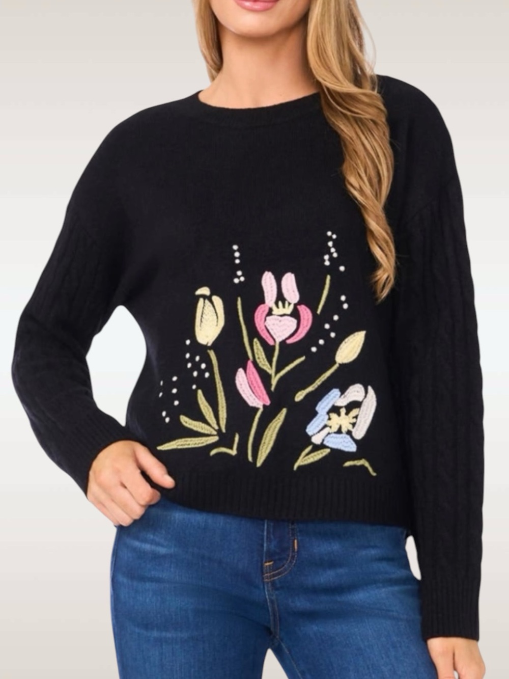 Ted Baker London Cable Knit Crewneck Sweater with Floral Embroidery